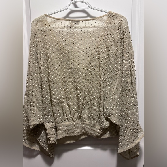 NWT LUCKY BRAND $129US tan chiffon cropped kimono top beaded sheer blouse size S - Picture 1 of 12